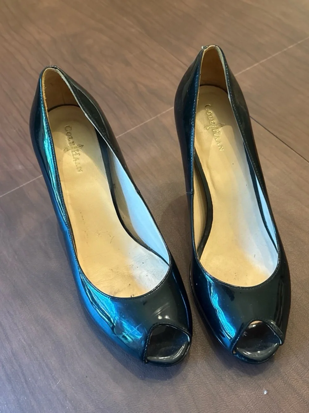 Cole Haan Black Patent Peep-Toe Heels